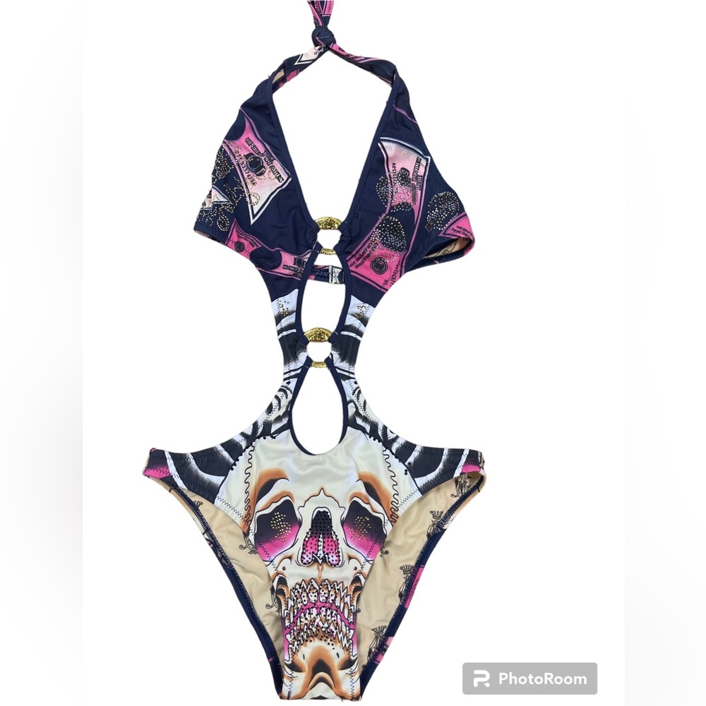 Christian Audigier Pink Multicolor Skull Print & Rhinestones Cut Out One Piece S